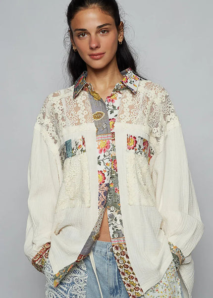 POL Lace Patchwork Floral Trim Long Sleeve Shirt - Sleekdenim.com