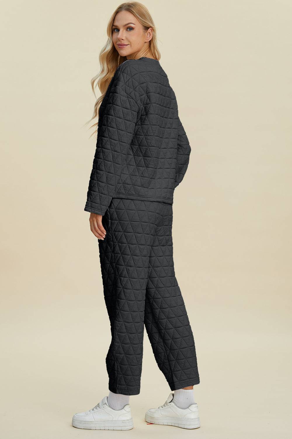 Double Take Full Size Texture Round Neck Long Sleeve Top and Pants Set | Sleekdenim.com