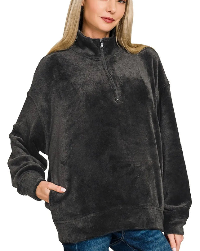 Zenana Faux Fur Half Zip Pocket Pullover - Sleekdenim.com