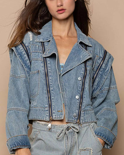 POL Cropped Denim Jacket with Functional Zipper Detail - Sleekdenim.com