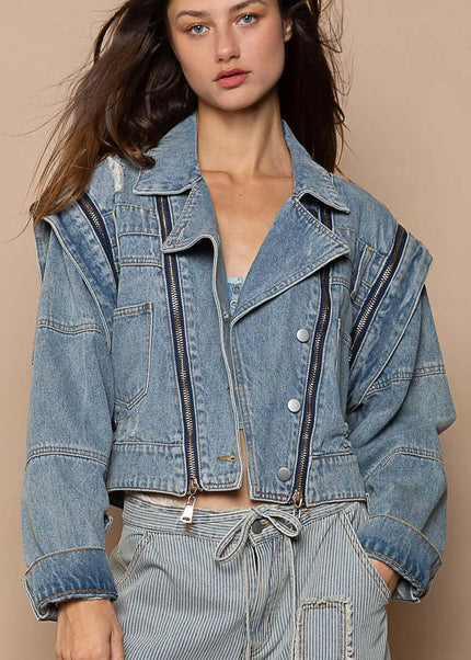 POL Cropped Denim Jacket with Functional Zipper Detail - Sleekdenim.com