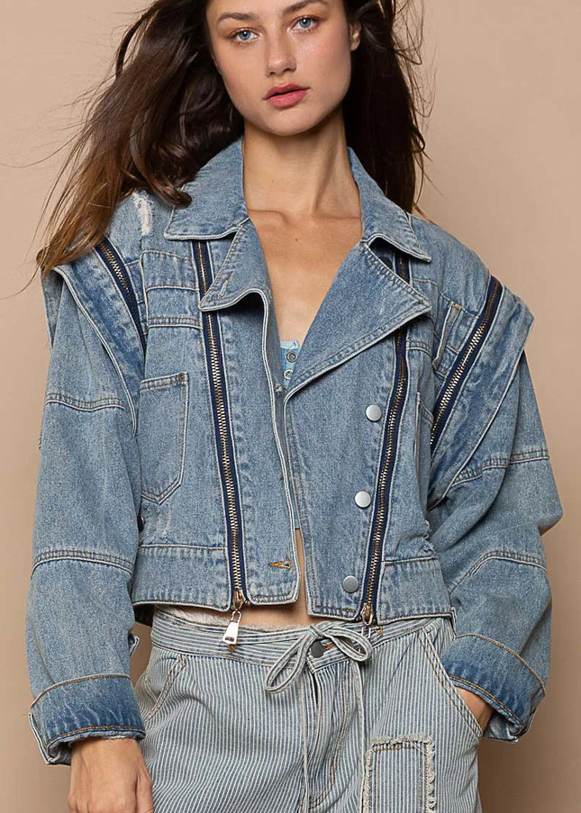 POL Cropped Denim Jacket with Functional Zipper Detail - Sleekdenim.com