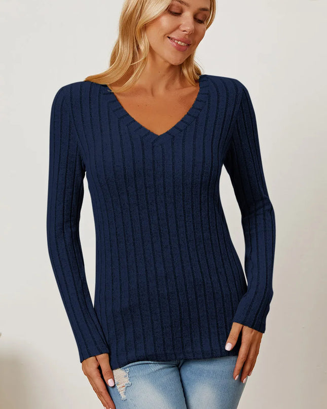 Basic Bae Full Size Ribbed V-Neck Long Sleeve T-Shirt - Sleekdenim.com