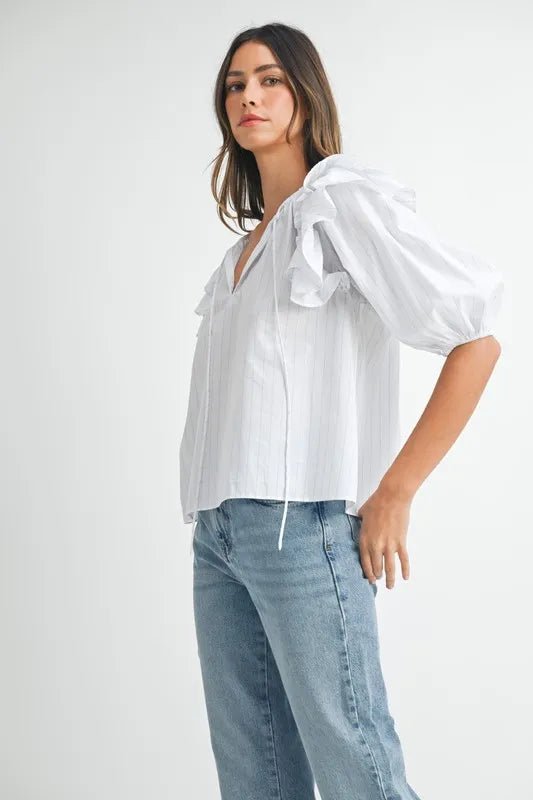 MABLE Stripe Ruffle Shoulder Puff Sleeve Blouse - Sleekdenim.com