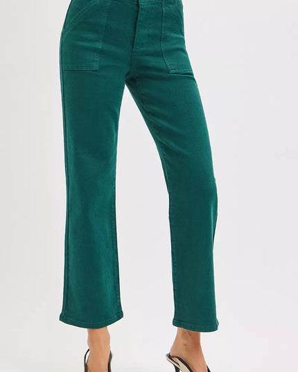 RISEN High Rise Ankle Flare Patch Pocket Jeans - Sleekdenim.com