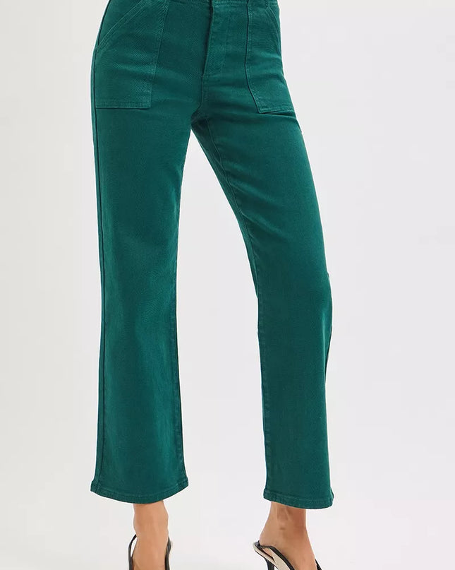 RISEN High Rise Ankle Flare Patch Pocket Jeans - Sleekdenim.com