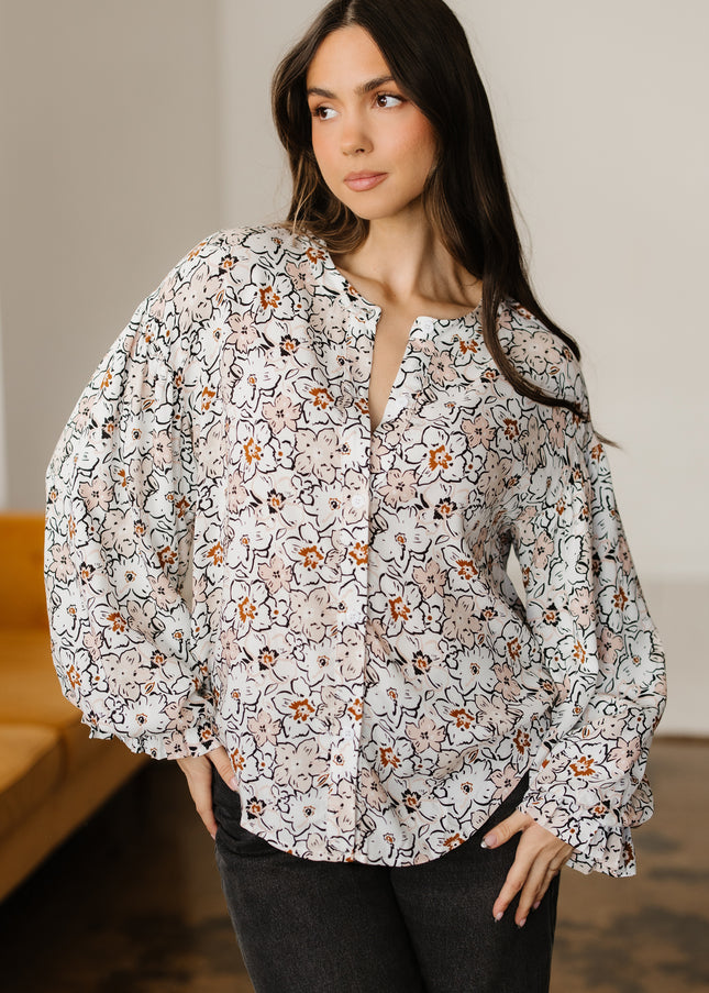 Khaki Bold Floral Print Frilled Puff Sleeve Button Down Shirt - Sleekdenim.com