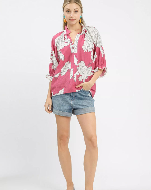 Umgee Peony Illustration Print Flounce Sleeve Blouse - Sleekdenim.com