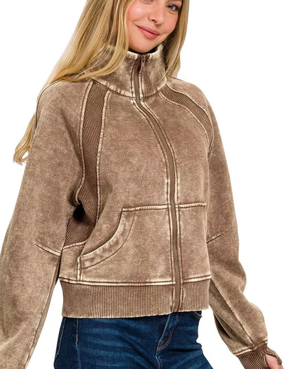 Zenana Acid Wash Zip Up Fleece Jacket - Sleekdenim.com