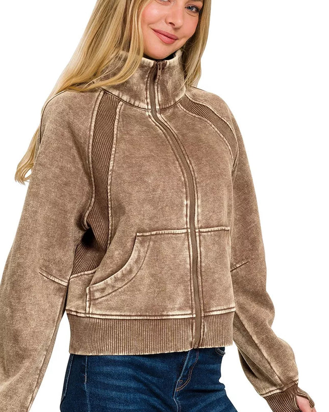 Zenana Acid Wash Zip Up Fleece Jacket - Sleekdenim.com