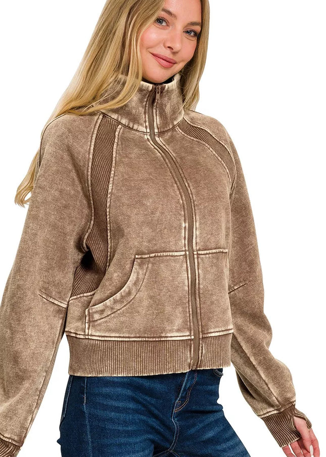 Zenana Acid Wash Zip Up Fleece Jacket - Sleekdenim.com