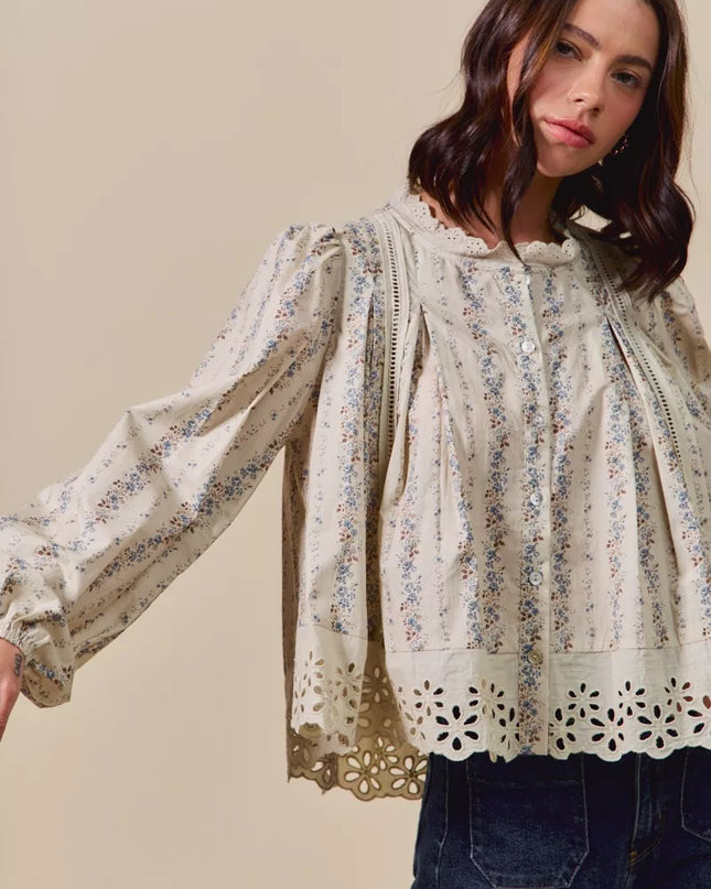 SO ME Floral Print Lace Button Down Shirt - Sleekdenim.com