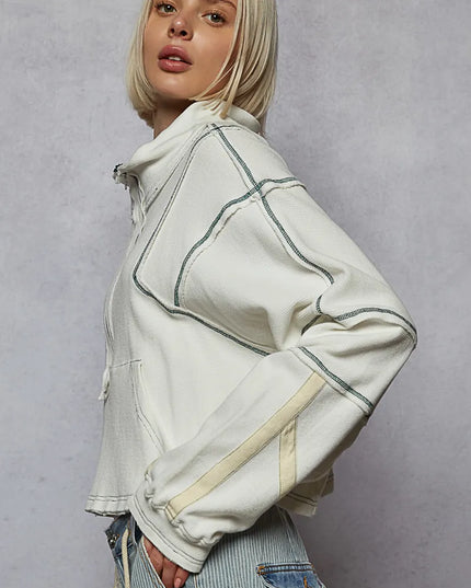 POL Contrast Stitching Zip Front Sweatshirt - Sleekdenim.com