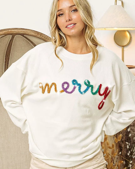BiBi Merry Tinsel Lettering Drop Shoulder Sweatshirt - Sleekdenim.com