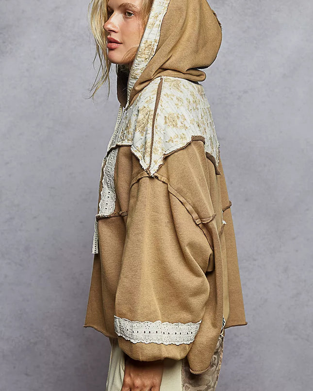 POL Drawstring French Terry Hoodie with Gauze Print Patch - Sleekdenim.com