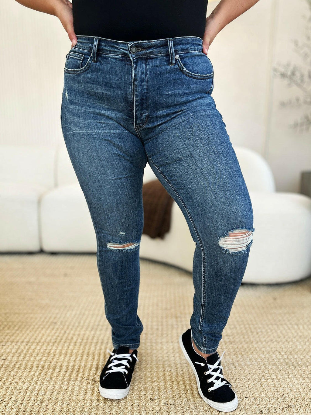 Judy Blue Full Size Mid Waist Distressed Slim Jeans | Sleekdenim.com