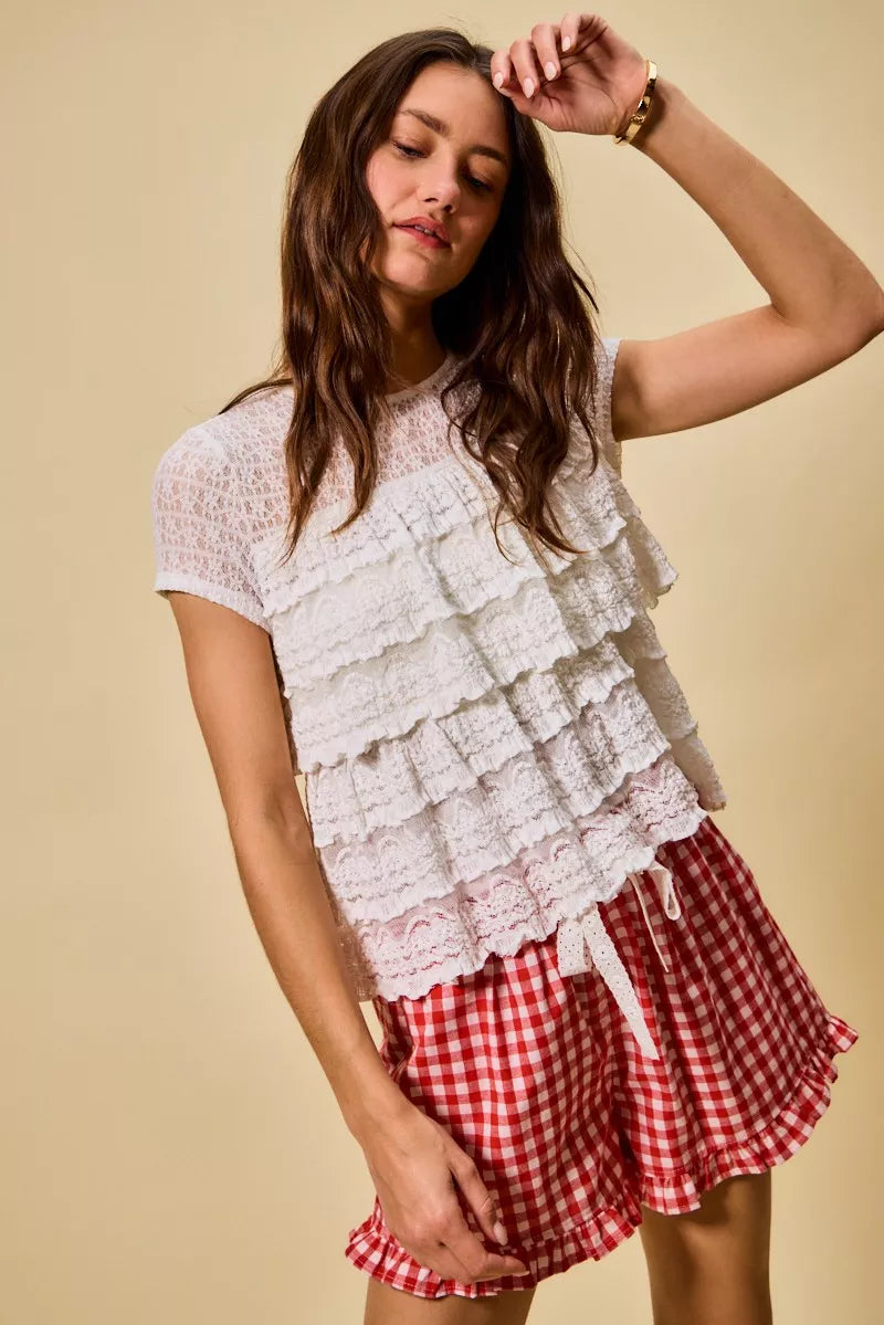 SO ME Ruffle Tiered Stretch Lace Short Sleeves Knit Top - Sleekdenim.com