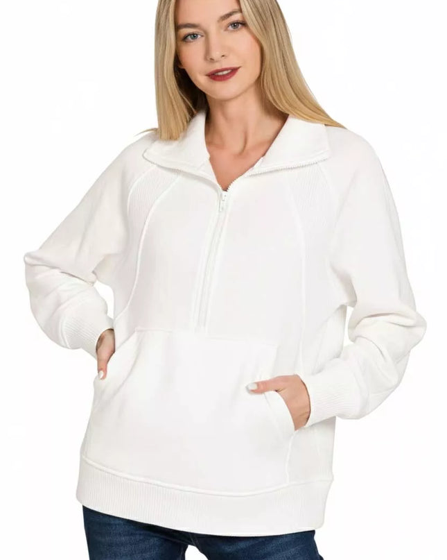 Zenana Half Zip Fleece Sweatshirt with kangaroo Pocket - Sleekdenim.com