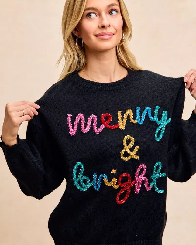BiBi Tinsel Lettering Christmas Sweater - Sleekdenim.com