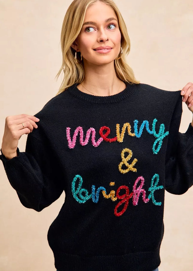 BiBi Tinsel Lettering Christmas Sweater - Sleekdenim.com