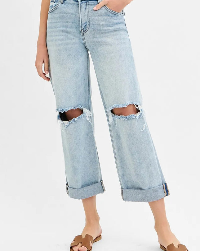 RISEN Full Size Mid Rise Fit Boyfriend Jeans with Cuff Plus Size - Sleekdenim.com