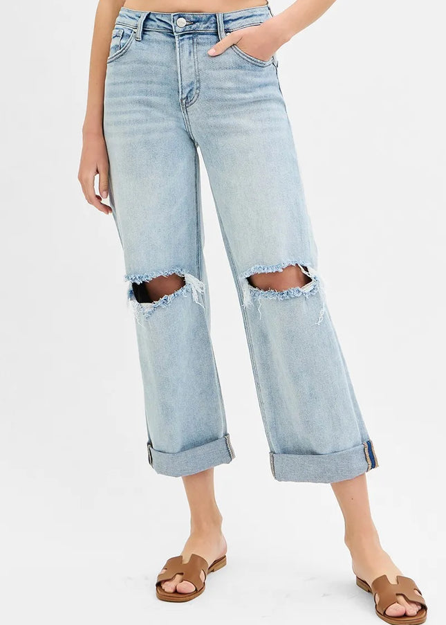 RISEN Full Size Mid Rise Fit Boyfriend Jeans with Cuff Plus Size - Sleekdenim.com