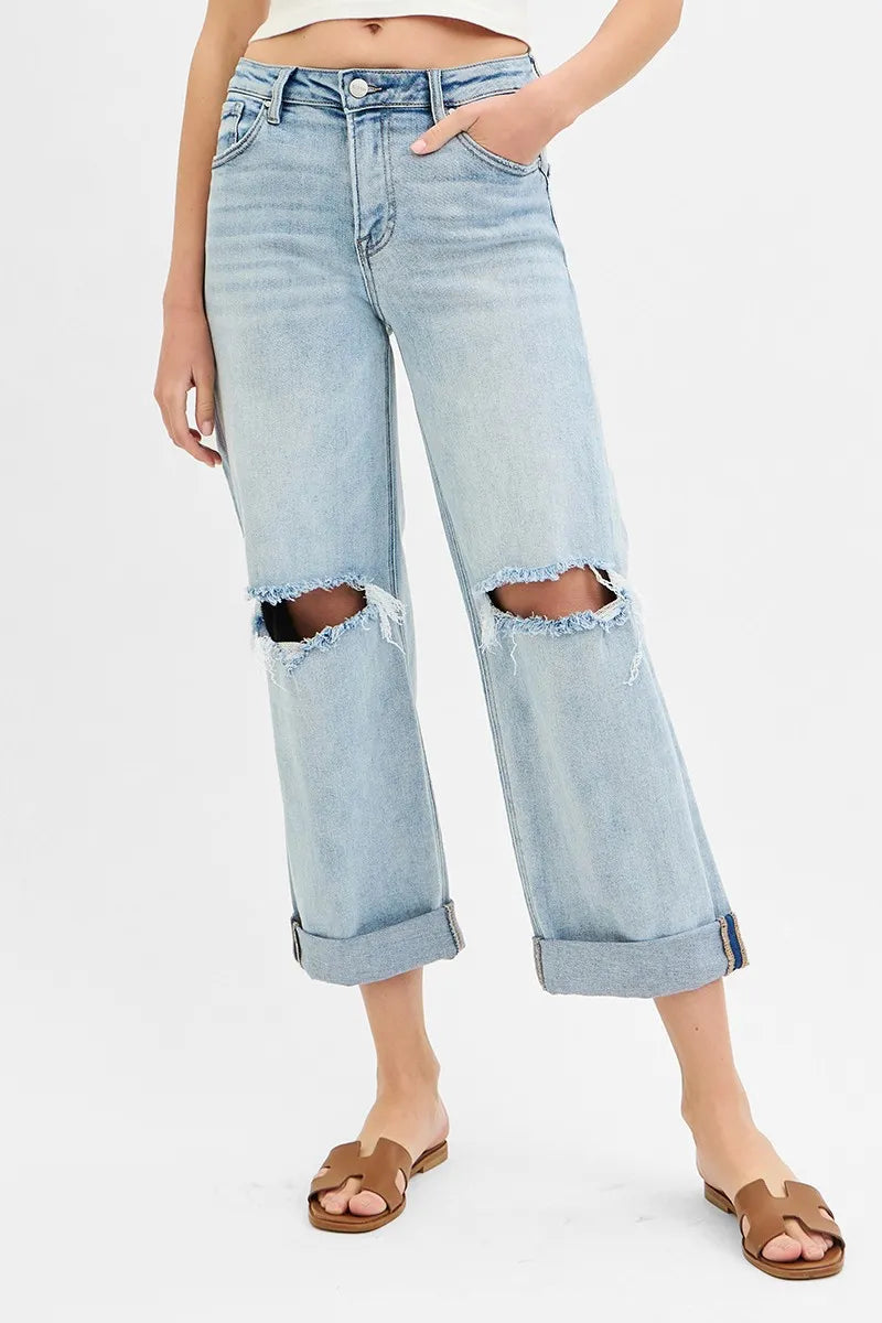 RISEN Full Size Mid Rise Fit Boyfriend Jeans with Cuff Plus Size - Sleekdenim.com