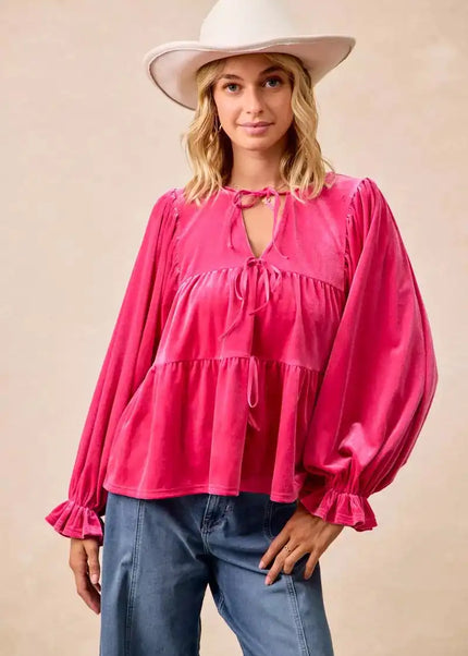 BiBi Christmas Theme Velvet Bow Tied Blouse - Sleekdenim.com