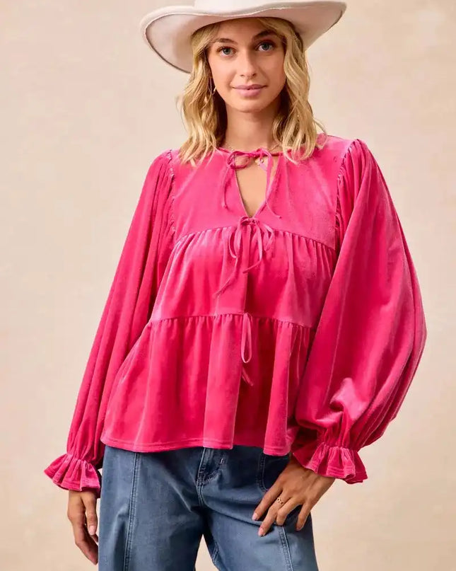 BiBi Christmas Theme Velvet Bow Tied Blouse - Sleekdenim.com