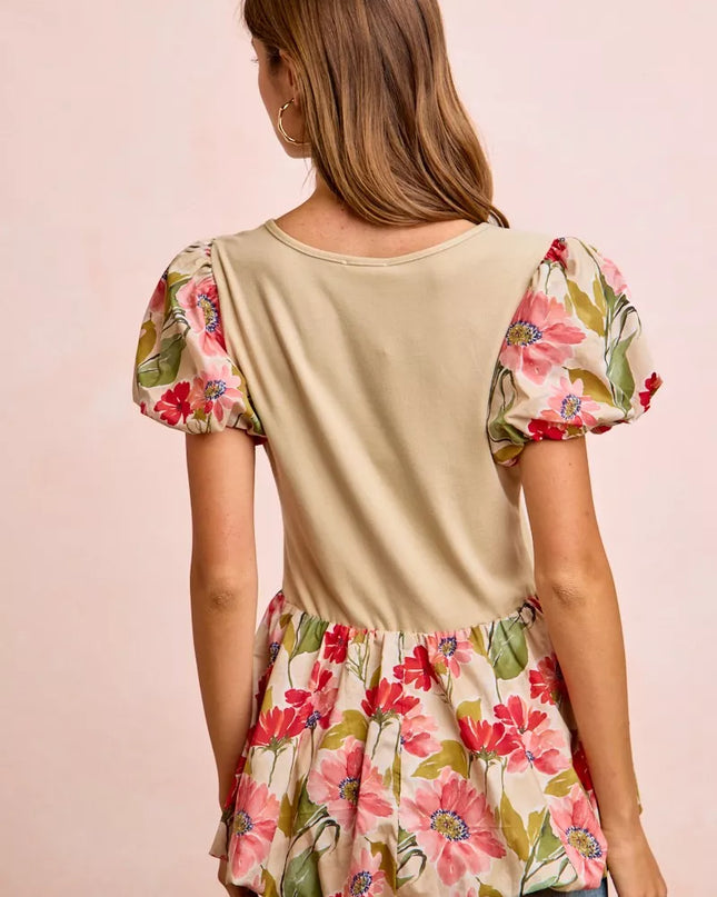 BiBi Floral Printed Bubble Sleeves and Hem Peplum Top - Sleekdenim.com