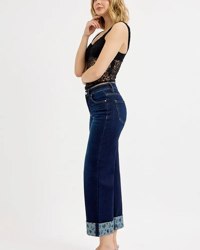 RISEN Full Size Mid Rise Fit Crop Wide With Printed Cuff Jeans Plus Size - Sleekdenim.com
