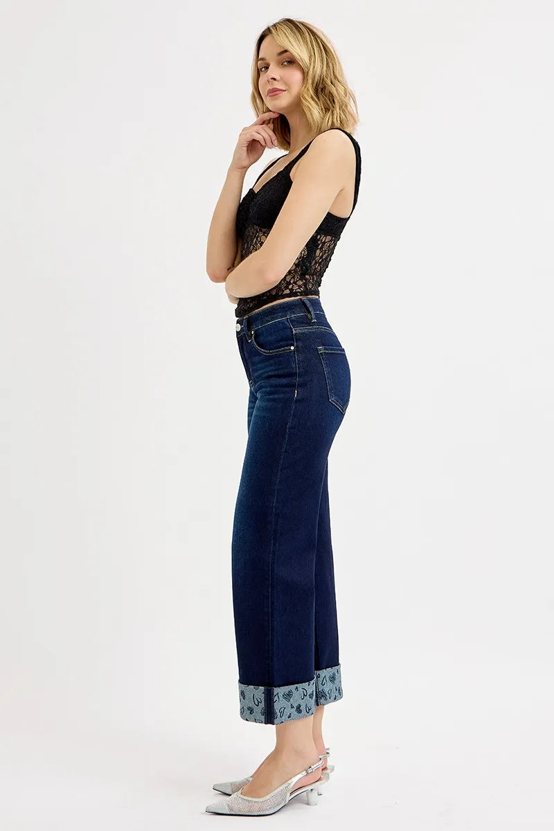 RISEN Full Size Mid Rise Fit Crop Wide With Printed Cuff Jeans Plus Size - Sleekdenim.com
