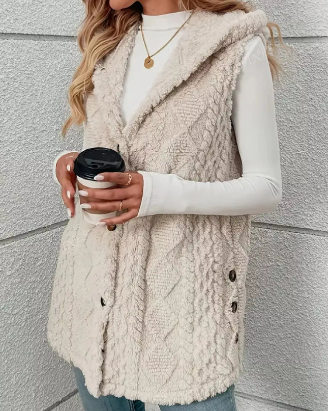 Hooded Button-Up Sherpa Vest Coat - Sleekdenim.com