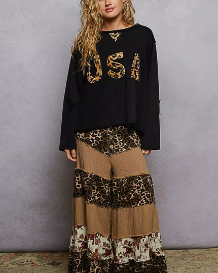 POL Round Neck Long Sleeve French Terry Sweatshirt with USA Letter Animal Patch - Sleekdenim.com