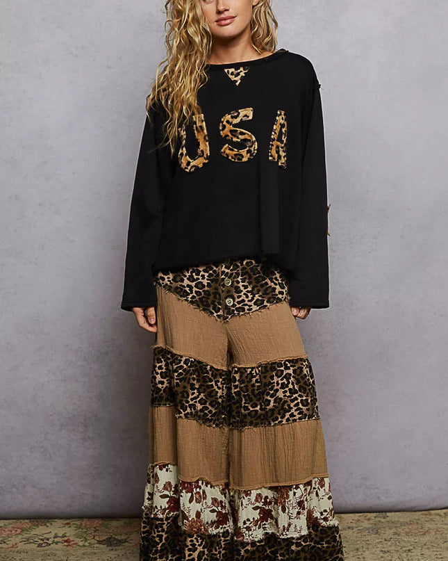 POL Round Neck Long Sleeve French Terry Sweatshirt with USA Letter Animal Patch - Sleekdenim.com