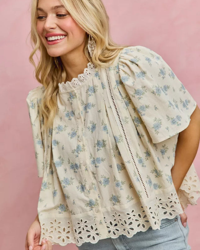 SO ME Floral Print Lace Trim Flutter Sleeves Blouse - Sleekdenim.com