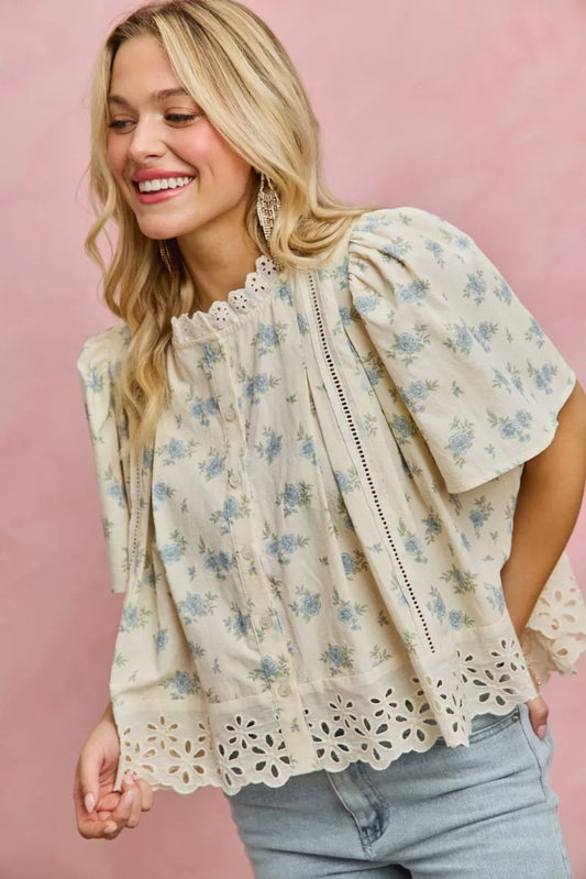 SO ME Floral Print Lace Trim Flutter Sleeves Blouse - Sleekdenim.com