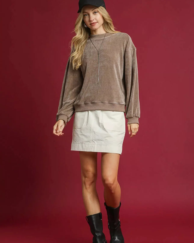 Umgee Velour Crewneck Balloon Sleeve Sweatshirt - Sleekdenim.com