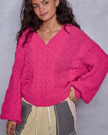 POL Cable-Knit Solid V-Neck Cropped Sweater - Sleekdenim.com