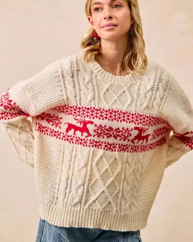 BiBi Christmas Theme Patterned Cable Knit Sweater - Sleekdenim.com