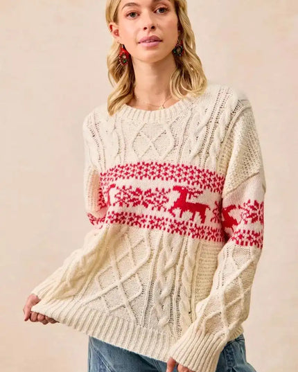 BiBi Christmas Theme Patterned Cable Knit Sweater - Sleekdenim.com