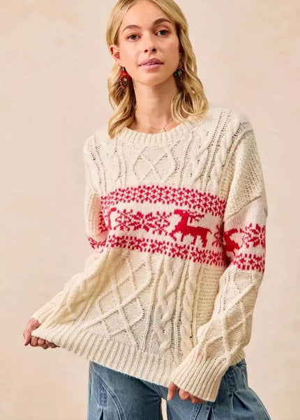 BiBi Christmas Theme Patterned Cable Knit Sweater - Sleekdenim.com