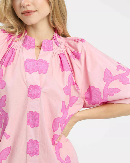 Umgee Floral Smocked Notched Puff Sleeve Blouse - Sleekdenim.com