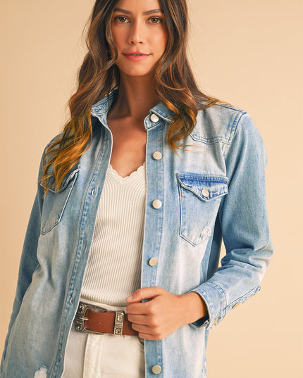 Beau Blue Light Wash Distressed Frayed Long Denim Shacket