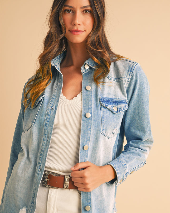 Beau Blue Light Wash Distressed Frayed Long Denim Shacket