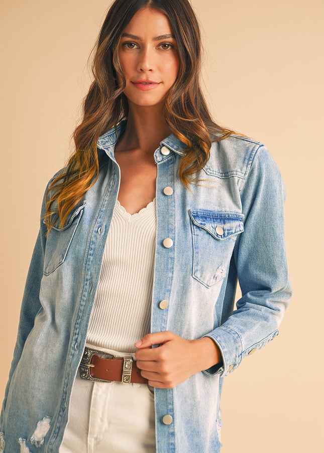 Beau Blue Light Wash Distressed Frayed Long Denim Shacket