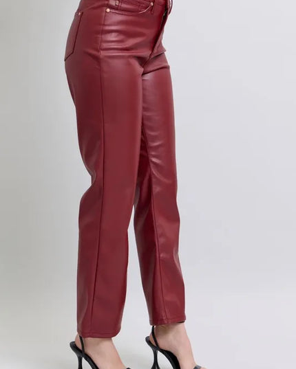 Judy Blue Full Size High Waist Tummy Control Faux Leather Straight Pants Plus Size - Sleekdenim.com