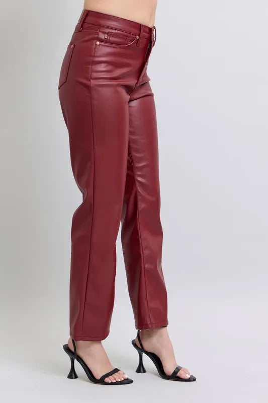 Judy Blue Full Size High Waist Tummy Control Faux Leather Straight Pants Plus Size - Sleekdenim.com
