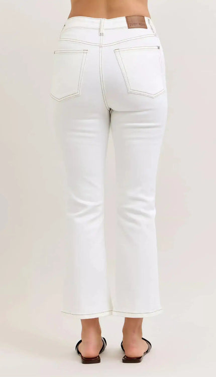 Judy Blue Contrast Stitching Cropped Flare Perfect White Jeans 881080 - Sleekdenim.com