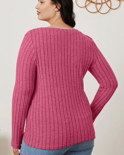 Basic Bae Full Size Ribbed V-Neck Long Sleeve T-Shirt - Sleekdenim.com